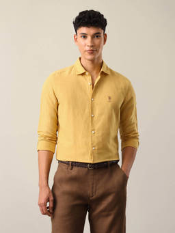 U.S. Polo Assn. Denim Co. - Mustard Linen Blend Solid/Plain Collar Neck Shirt