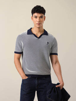 U.S. POLO ASSN. - Navy Blue Cotton Stripes Collar Neck Polo T-Shirt