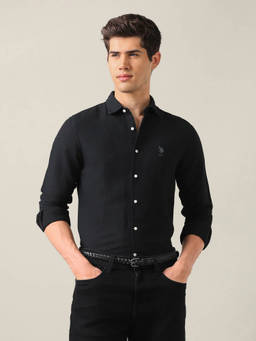 U.S. Polo Assn. Denim Co. - Black Linen Solid/Plain Collar Neck Shirt