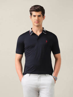 U.S. POLO ASSN. - Navy Blue Rayon Solid/Plain Collar Neck Polo T-Shirt