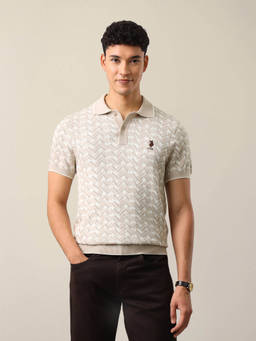 U.S. POLO ASSN. - Beige Cotton Geometric Collar Neck Polo T-Shirt
