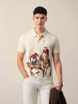U.S. Polo Assn. Denim Co. - Beige Cotton Graphic Collar Neck Polo T-Shirt