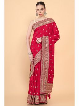 Soch - Women Red Cotton Silk Embroidered Saree with Unstitched Blouse