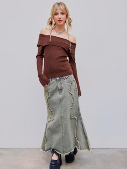 Cider - Denim Low Rise Washed Ruffle Pocket Maxi Mermaid Skirt