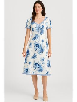 Cider - Blue Strawberry Graphic Contrasting Lace Trim Midi Dress