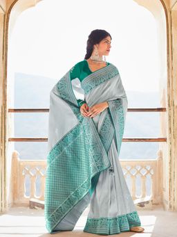 Odette - Grey Silk Blend Saree with Unstitched Blouse