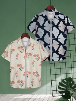 HELLCAT - Beige & Navy Blue Trendy Regular Fit Printed Causal Shirt for Boys (Pack of 2)