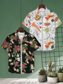 HELLCAT - Black & White Trendy Regular Fit Printed Causal Shirt for Boys (Pack of 2)