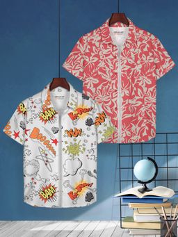 HELLCAT - White & Red Trendy Regular Fit Printed Causal Shirt for Boys (Pack of 2)