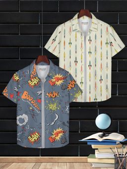 HELLCAT - Grey & Beige Trendy Regular Fit Printed Causal Shirt for Boys (Pack of 2)
