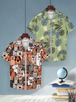 HELLCAT - Brown & Green Trendy Regular Fit Printed Causal Shirt for Boys (Pack of 2)