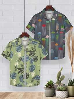 HELLCAT - Green & Grey Trendy Regular Fit Printed Causal Shirt for Boys (Pack of 2)