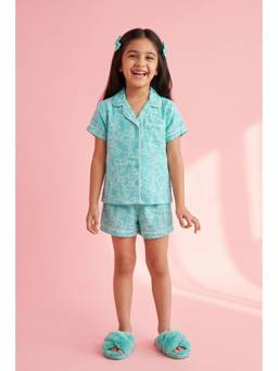 TINY GIRL - Blue Cotton Half Sleeves Printed Shirt With Short