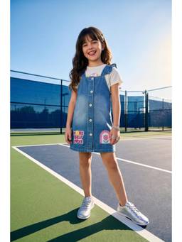 TINY GIRL - Blue Cotton Sleeveless Solid/Plain Dungaree