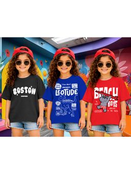LEOTUDE - Kid Multi-Color Printed Cotton Oversized T-Shirt (Pack of 3)