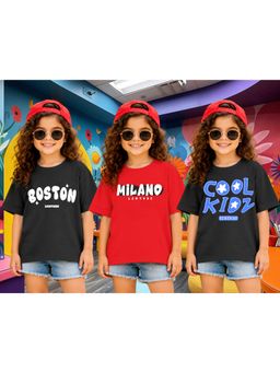 LEOTUDE - Kid Multi-Color Typography Cotton Oversized T-Shirt (Pack of 3)