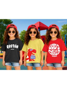 LEOTUDE - Kid Multi-Color Printed Cotton Oversized T-Shirt (Pack of 3)