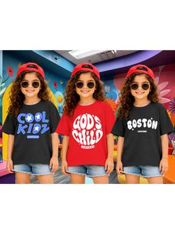 LEOTUDE - Kid Multi-Color Typography Cotton Oversized T-Shirt (Pack of 3)