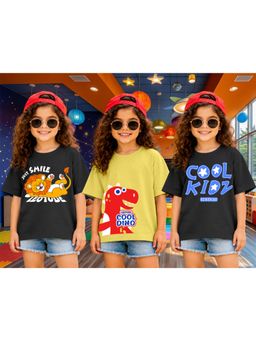 LEOTUDE - Kid Multi-Color Printed Cotton Oversized T-Shirt (Pack of 3)