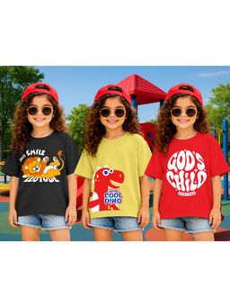 LEOTUDE - Kid Multi-Color Printed Cotton Oversized T-Shirt (Pack of 3)