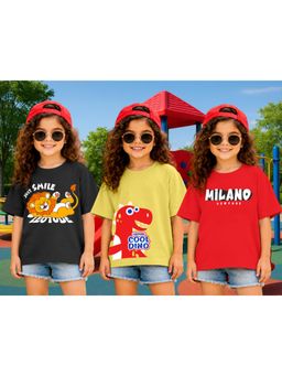 LEOTUDE - Kid Multi-Color Printed Cotton Oversized T-Shirt (Pack of 3)