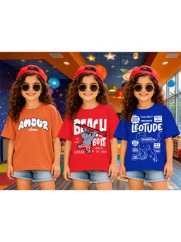 LEOTUDE - Kid Multi-Color Printed Cotton Oversized T-Shirt (Pack of 3)