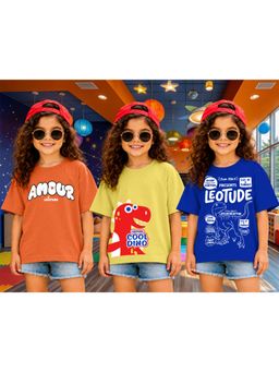 LEOTUDE - Kid Multi-Color Printed Cotton Oversized T-Shirt (Pack of 3)