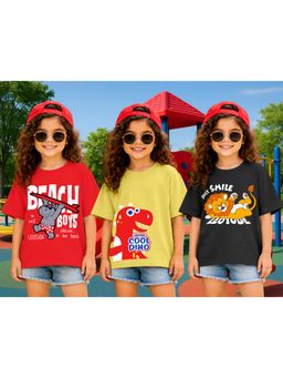 LEOTUDE - Kid Multi-Color Printed Cotton Oversized T-Shirt (Pack of 3)