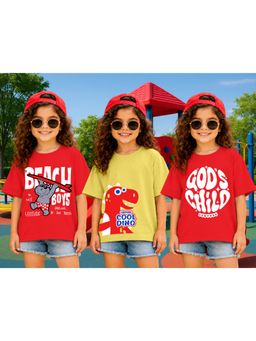 LEOTUDE - Kid Multi-Color Printed Cotton Oversized T-Shirt (Pack of 3)
