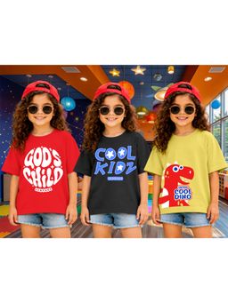 LEOTUDE - Kid Multi-Color Printed Cotton Oversized T-Shirt (Pack of 3)