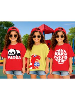 LEOTUDE - Kid Multi-Color Printed Cotton Oversized T-Shirt (Pack of 3)
