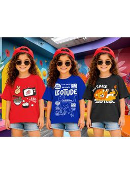 LEOTUDE - Kid Multi-Color Printed Cotton Oversized T-Shirt (Pack of 3)