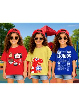 LEOTUDE - Kid Multi-Color Printed Cotton Oversized T-Shirt (Pack of 3)