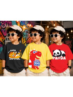 LEOTUDE - Kid Multi-Color Printed Cotton Oversized T-Shirt (Pack of 3)