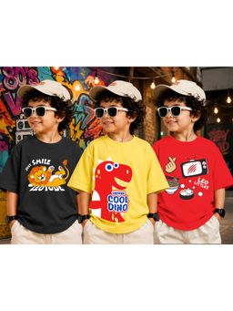 LEOTUDE - Kid Multi-Color Printed Cotton Oversized T-Shirt (Pack of 3)