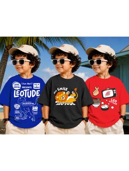 LEOTUDE - Kid Multi-Color Printed Cotton Oversized T-Shirt (Pack of 3)