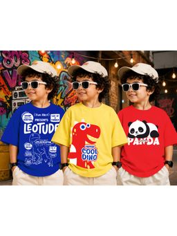 LEOTUDE - Kid Multi-Color Printed Cotton Oversized T-Shirt (Pack of 3)