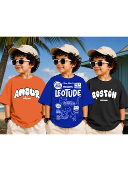 LEOTUDE - Kid Multi-Color Printed Cotton Oversized T-Shirt (Pack of 3)