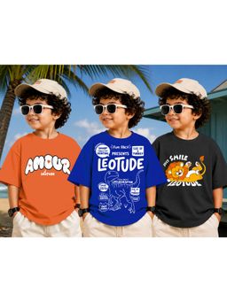 LEOTUDE - Kid Multi-Color Printed Cotton Oversized T-Shirt (Pack of 3)