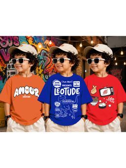 LEOTUDE - Kid Multi-Color Printed Cotton Oversized T-Shirt (Pack of 3)