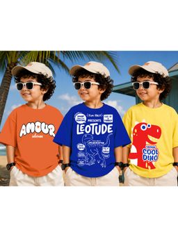 LEOTUDE - Kid Multi-Color Printed Cotton Oversized T-Shirt (Pack of 3)