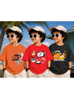 LEOTUDE - Kid Multi-Color Printed Cotton Oversized T-Shirt (Pack of 3)