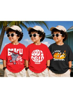LEOTUDE - Kid Multi-Color Printed Cotton Oversized T-Shirt (Pack of 3)
