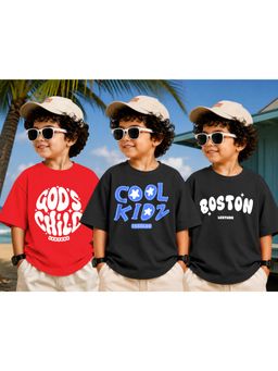 LEOTUDE - Kid Multi-Color Typography Cotton Oversized T-Shirt (Pack of 3)