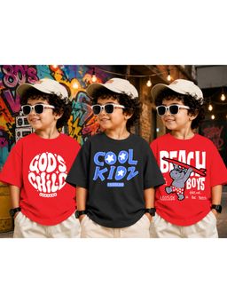 LEOTUDE - Kid Multi-Color Printed Cotton Oversized T-Shirt (Pack of 3)