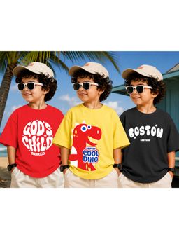 LEOTUDE - Kid Multi-Color Printed Cotton Oversized T-Shirt (Pack of 3)