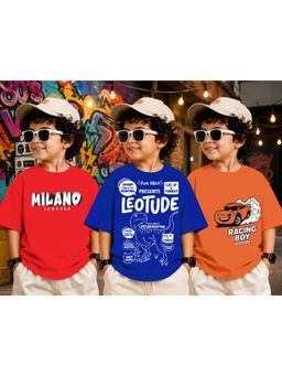 LEOTUDE - Kid Multi-Color Printed Cotton Oversized T-Shirt (Pack of 3)