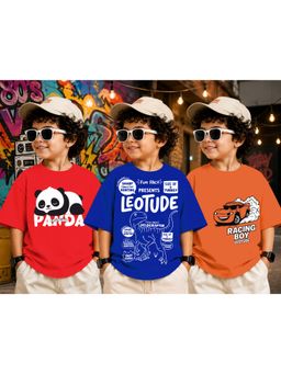 LEOTUDE - Kid Multi-Color Printed Cotton Oversized T-Shirt (Pack of 3)