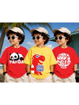 LEOTUDE - Kid Multi-Color Printed Cotton Oversized T-Shirt (Pack of 3)