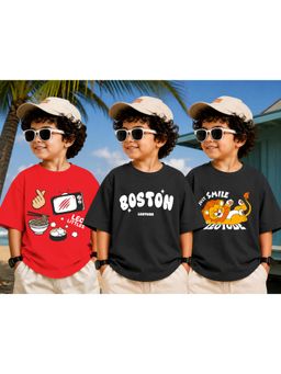 LEOTUDE - Kid Multi-Color Printed Cotton Oversized T-Shirt (Pack of 3)